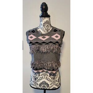 English Factory Sweater Vest  Women's Sz S Gray/Pink With a Front Detail Fringes